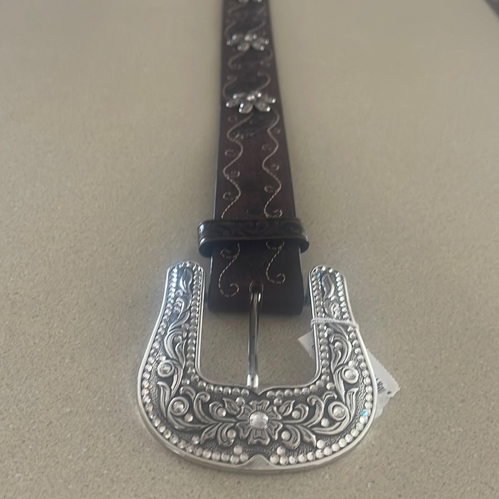 Women’s western belt dark brown bling flowers